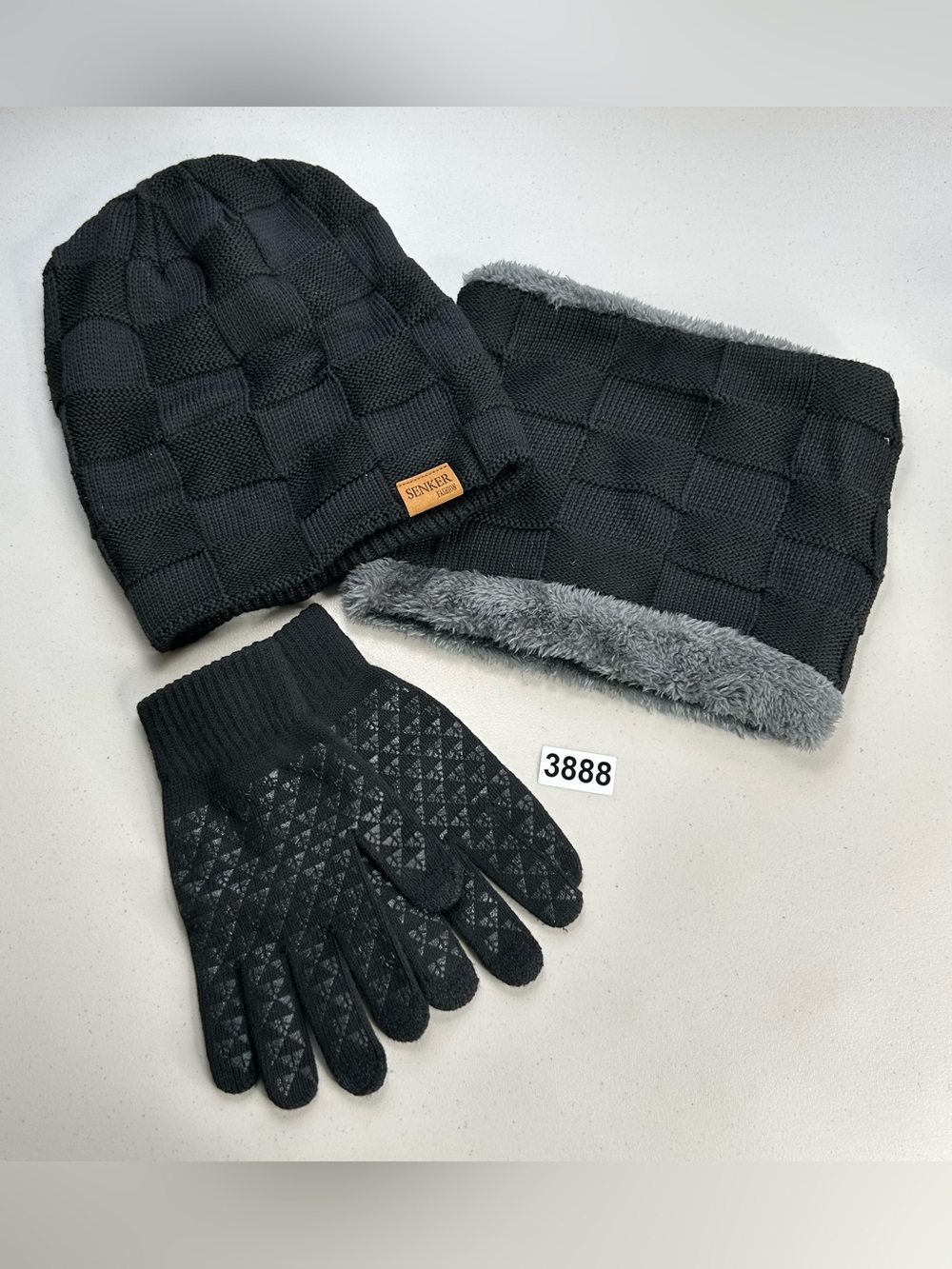 Women’s Black Knit Beanie, Fleece Neck Warmer & Grip Gloves Set -